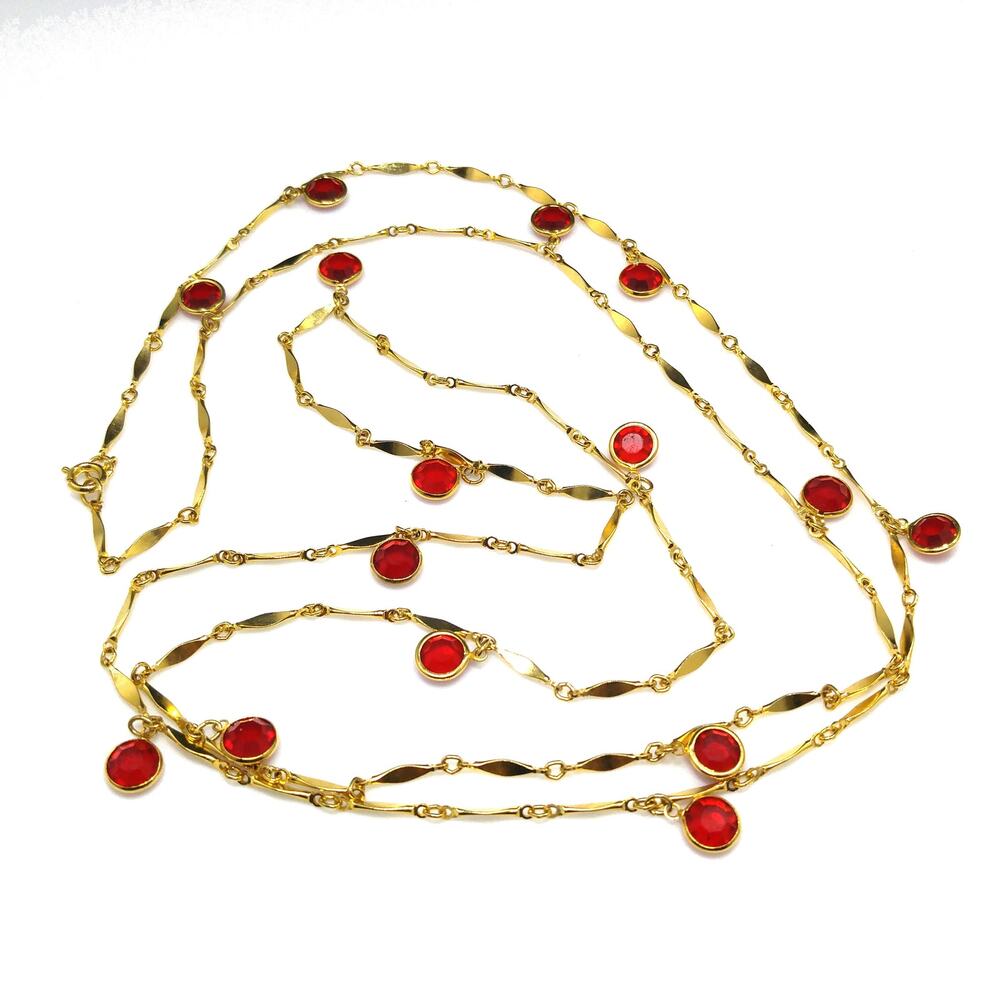 Vintage 1970s Red Crystal Station Necklace Gold Tone 50 Inch